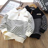 男童纯棉加绒卫衣秋冬2025新款 条纹衣服儿童半拉链上衣中大童长袖