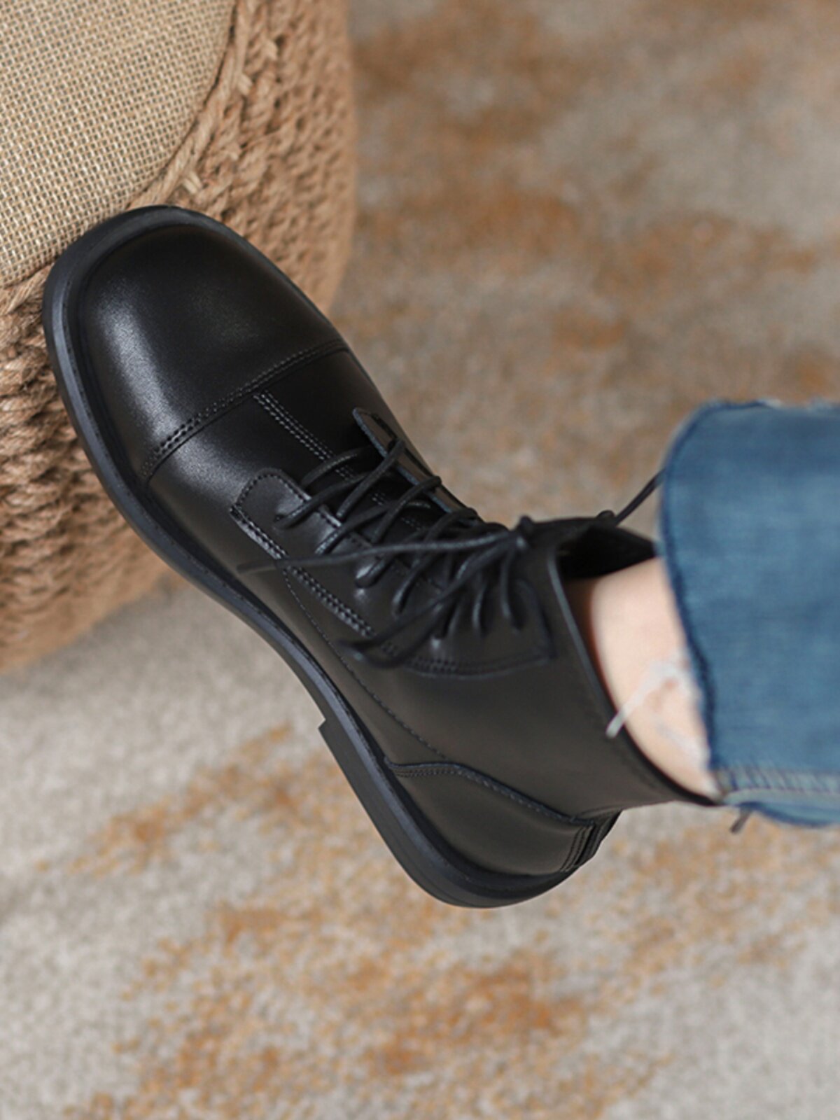 LEATHER BRITISH STYLE MARTIN BOOTS WOMENS FLAT BOTTOM 2023 NEW FALL|WINTER STRETCH SKINNY BOOTS FLEECE LACE-UP BOOTS