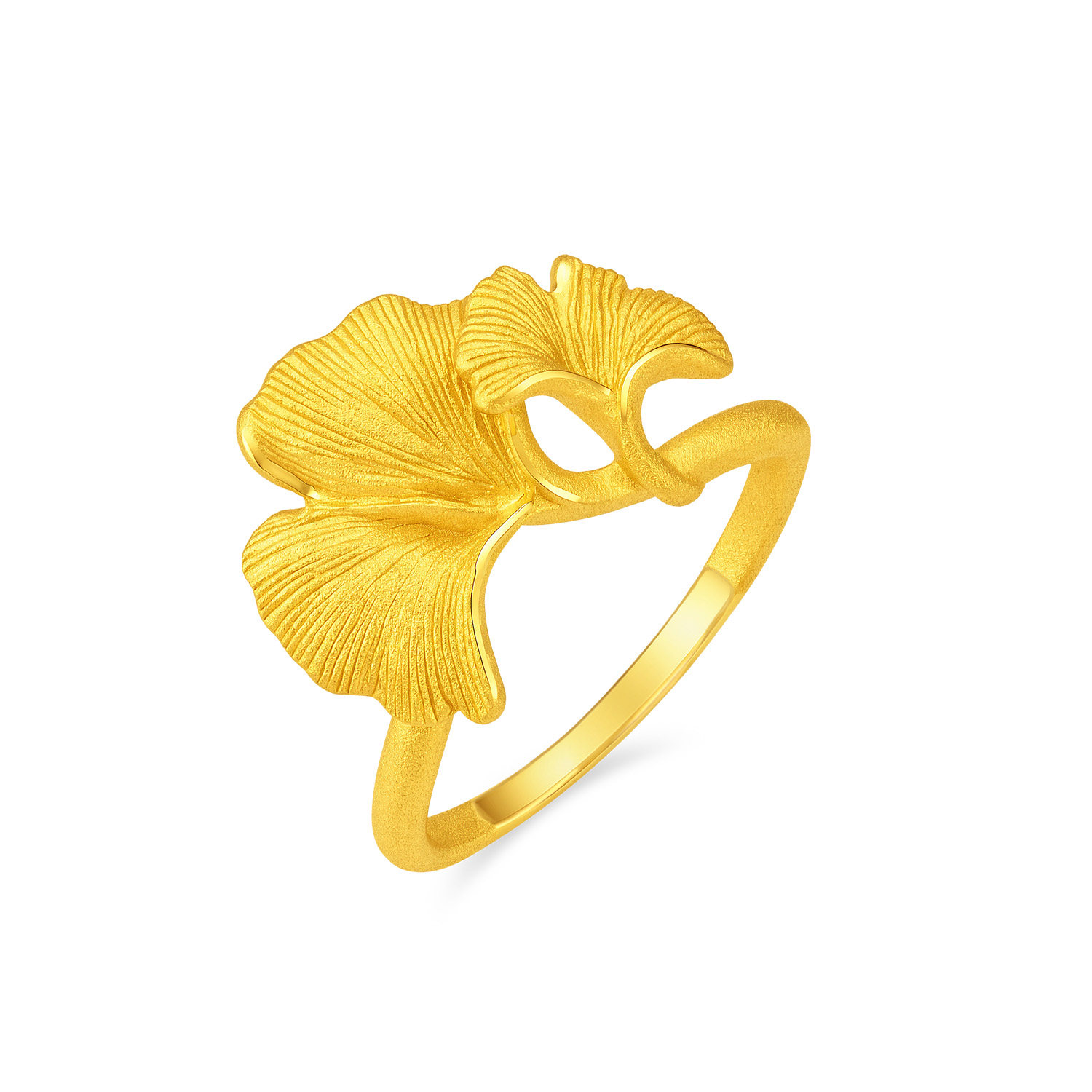 justgold镇金店银杏双叶黄金足金戒指1705991Y