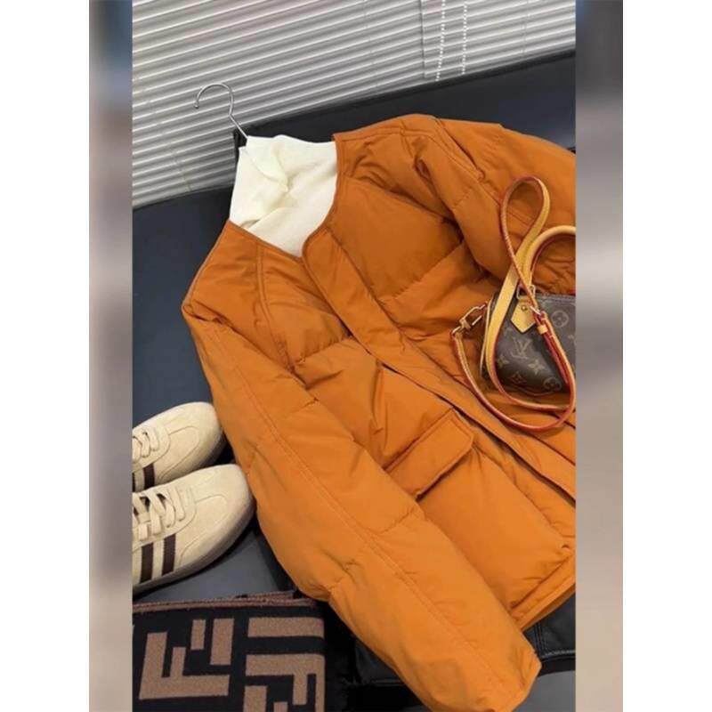 新款今年流行漂亮高级感超好看小个子短款橘色棉服外套女