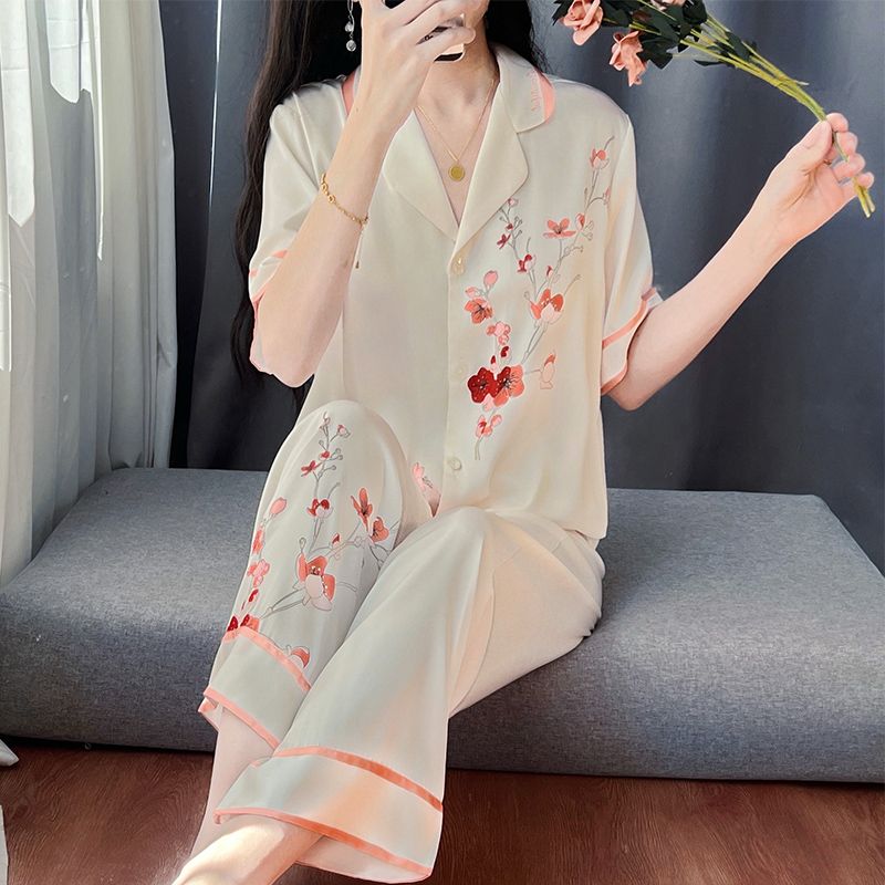 冰雪丝睡衣女夏季薄款短袖长裤网红高级感新中式开衫家居服套装