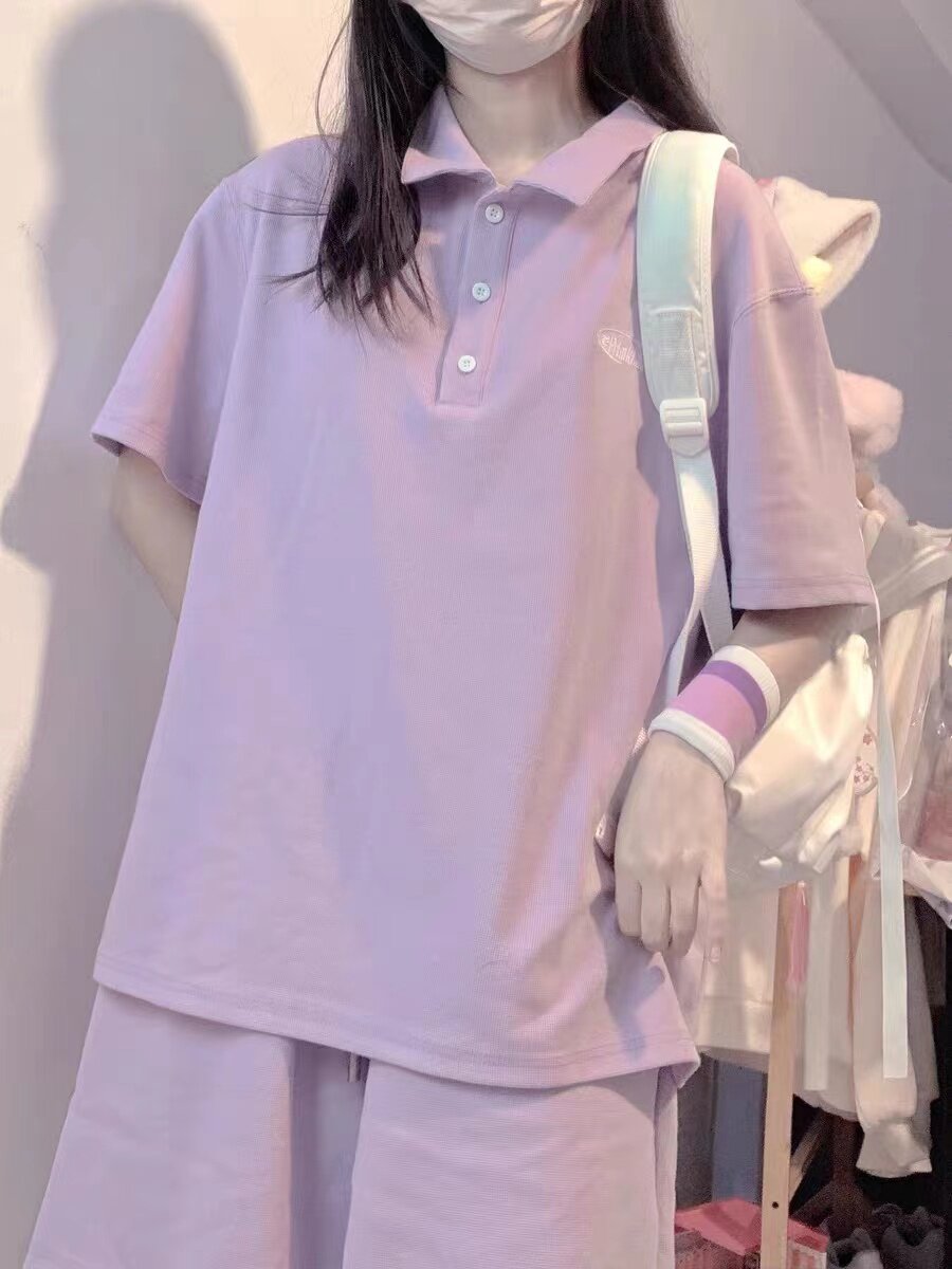 활력 소녀 스포츠 정장 여성 여름 스타일 연령 감소 느슨한 폴로 반팔 패션 반바지 학생을위한 투피스 세트