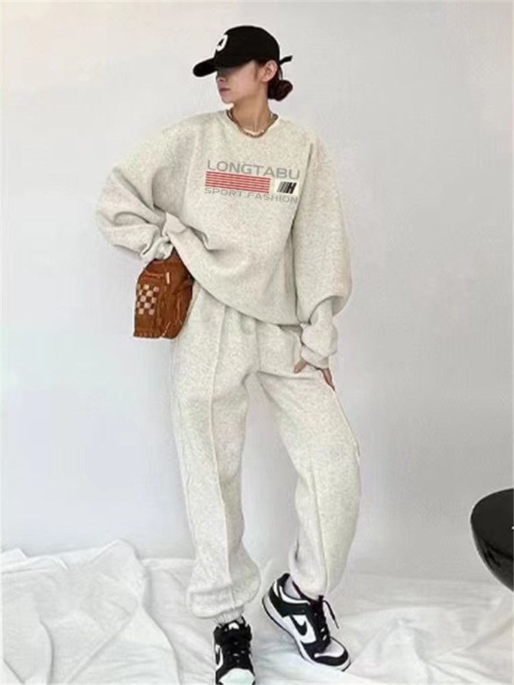 가을 겨울 BF 게으른 느슨한 회색 벨벳 두꺼운 스웨트 셔츠 세련된 투피스 세트 여성을위한 미국의 거리 운동복 정장