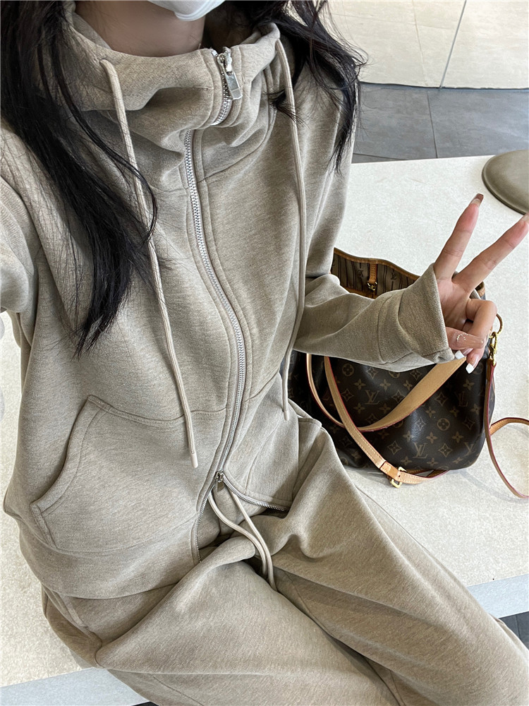 여성용 한국식 운동복 정장 가을 겨울 연령 감소 루즈 벨벳 및 두꺼운 후드 스웨트 셔츠 캐주얼 와이드 팬츠 투피스 세트