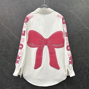 衬衣 女宽松休闲百搭中长款 2025春秋重工设计感蝴蝶结牛仔长袖 衬衫