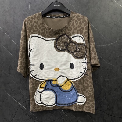 2026夏季新款贴布卡通Kitty猫豹纹短袖T恤女宽松休闲小个子上衣潮