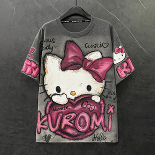 2026春季新款甜美可爱卡通kt猫磨毛短袖T恤女宽松中长款打底上衣