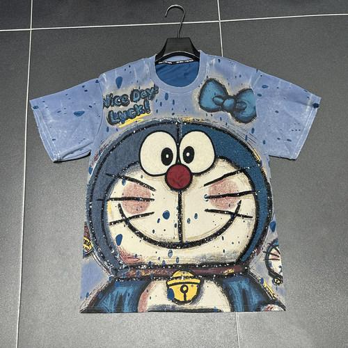 2025春秋重工新款卡通机器猫短袖T恤女宽松休闲中长款打底衫上衣