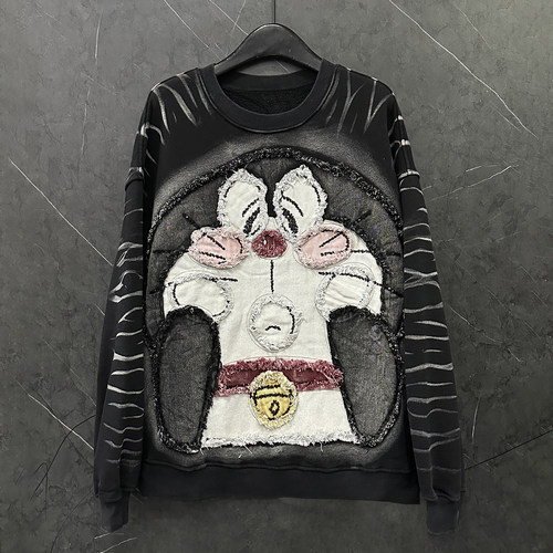 2025秋冬重工新款卡通机器猫贴布刺绣加绒圆领卫衣女宽松休闲上衣