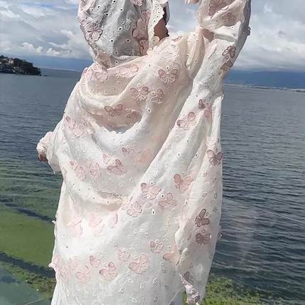 夏季新款重工蝴蝶刺绣长袖连帽防晒衬衫女宽松休闲慵懒风衬衣上衣