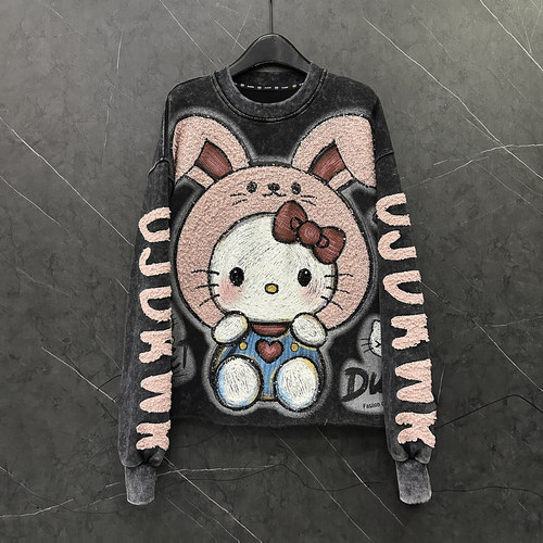 甜美可爱风卡通kt猫兔子圆领卫衣女2025春秋重工新款宽松休闲上衣