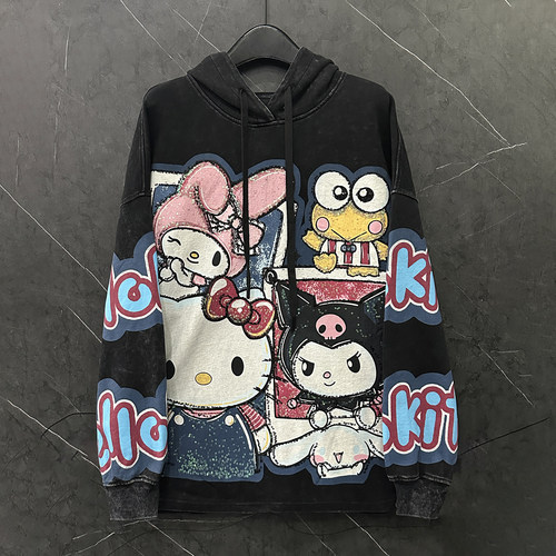 2025秋冬重工新款卡通设计感kt猫连帽卫衣女宽松休闲中长款上衣潮