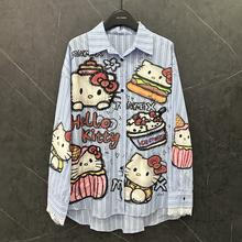 2025春夏新款HelloKitty猫条纹长袖衬衫女宽松休闲甜美中长款衬衣