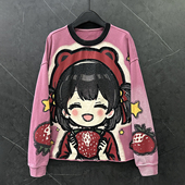 2025秋冬重工新款 卡通草莓小女孩圆领卫衣女宽松休闲百搭甜美上衣