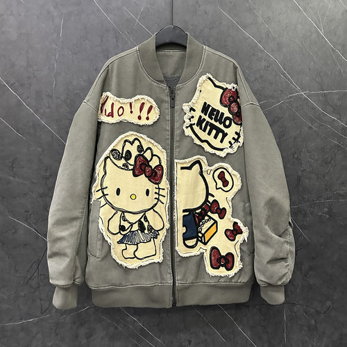 2025秋冬重工新款卡通Kitty猫加绒棒球服外套女宽松休闲夹克上衣