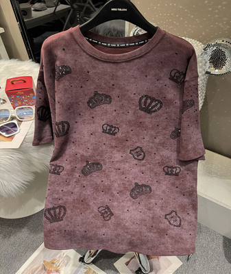 欧货重工烫钻皇冠短袖T恤女