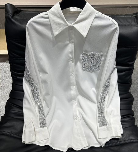 重工白色亮片拼接衬衫女