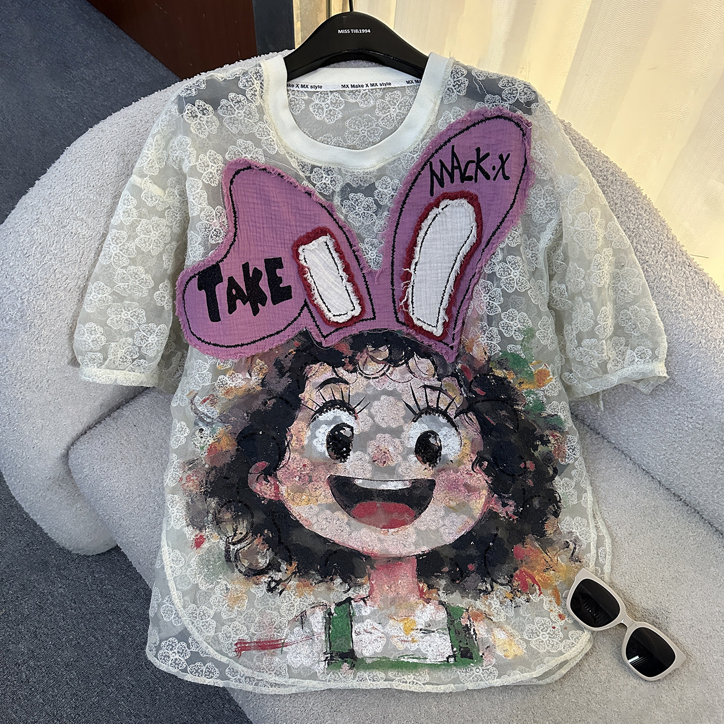 2025夏季新款卡通小女孩蕾丝刺绣短袖T恤女宽松休闲中长款上衣潮,女装/女士精品,T恤,淘宝优惠券,粉丝福利购,淘宝优惠卷
