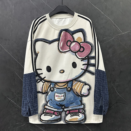 秋冬重工新款卡通kt猫拼接袖圆领卫衣女宽松休闲中长款甜美风上衣