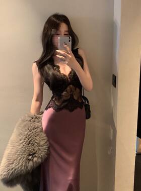 yuni妮妮紫色蕾丝背心拼接连衣裙