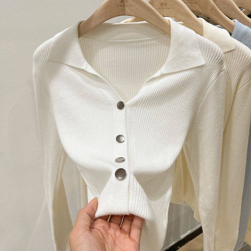 吴曼同款白色针织开衫修身女春秋新款显瘦外套polo领上衣外搭毛衣