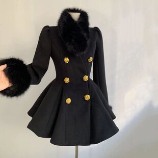 小瑞瑞同款黑色连衣裙秋冬季法式富家千金轻奢毛呢收腰设计感气质