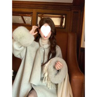 现货双面呢大衣女冬季加厚高级感毛呢中长款外套毛毛袖口毛