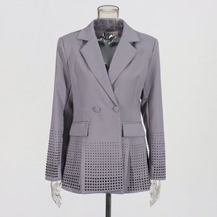 新款 外套裙气质下摆开叉系秋季 烫钻设计连衣裙 灰色西装 李沅桐同款