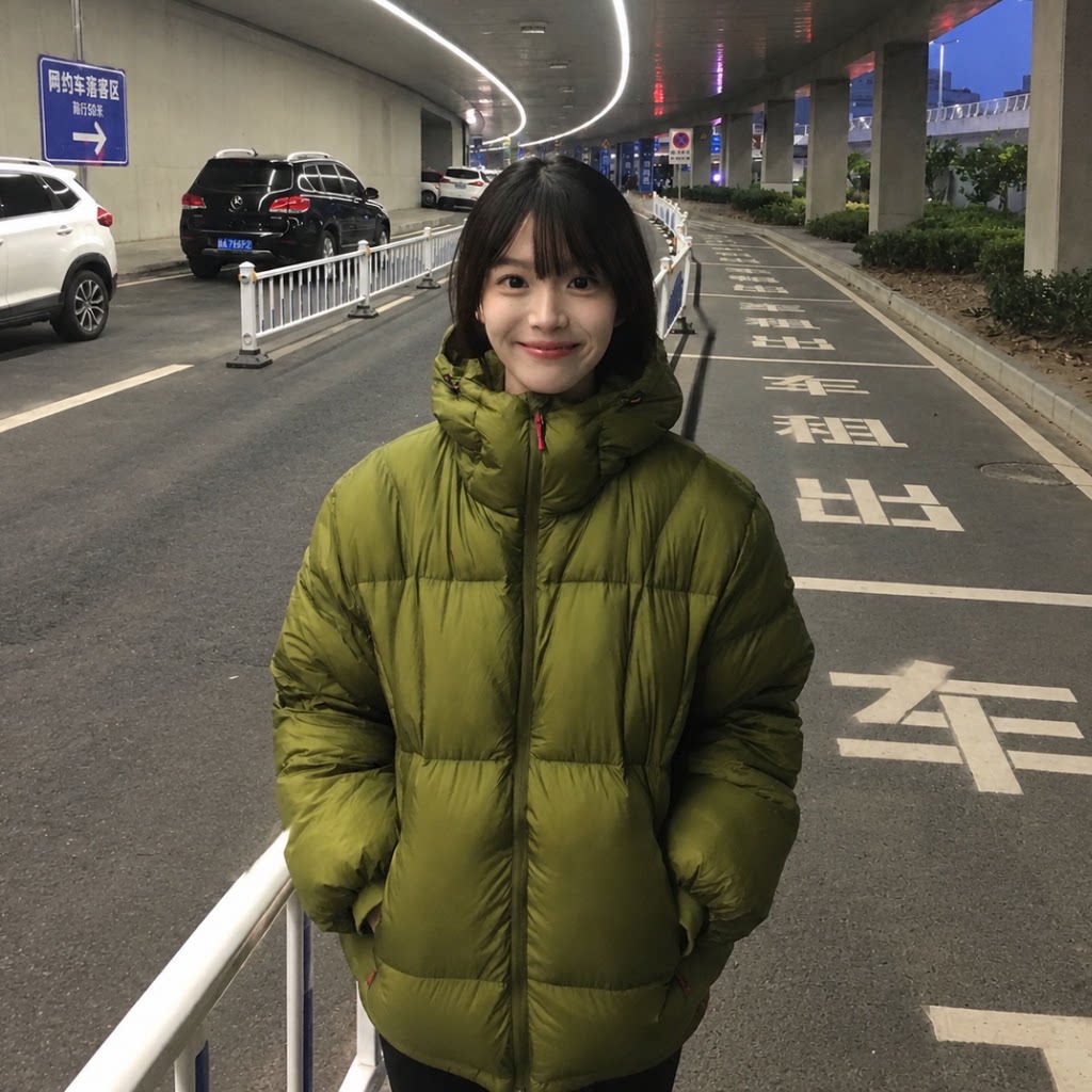 高级绿色连帽短款棉服女