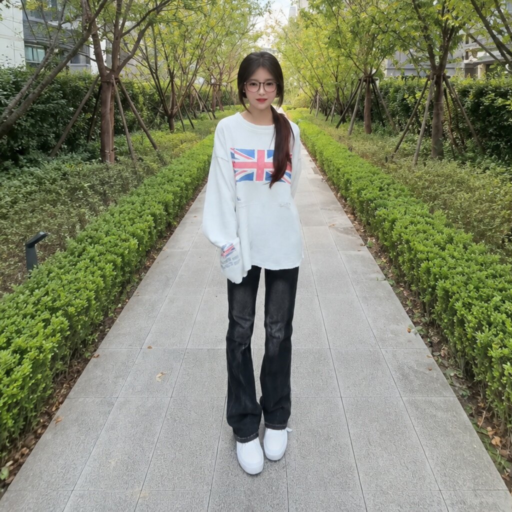高街英伦旗印灰白长袖女T恤