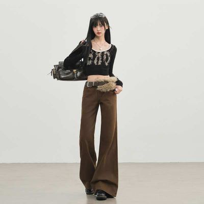 包邮美拉德棕咖色微喇牛仔裤女美式复古低腰显瘦喇叭裤代发