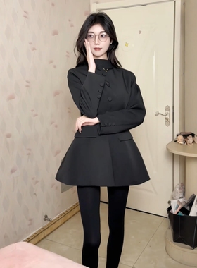 小娟娟黑色西装外套裙厚黑风春秋季简约纯欲连衣裙高端大气圆领新