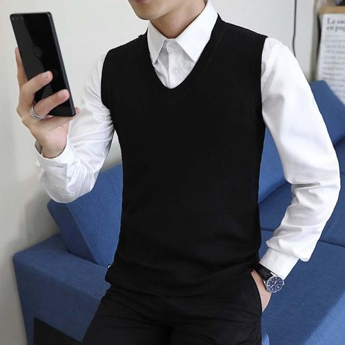 男士秋冬马甲弹力青少年毛衣背心修身V领打底针织衫无袖坎肩潮