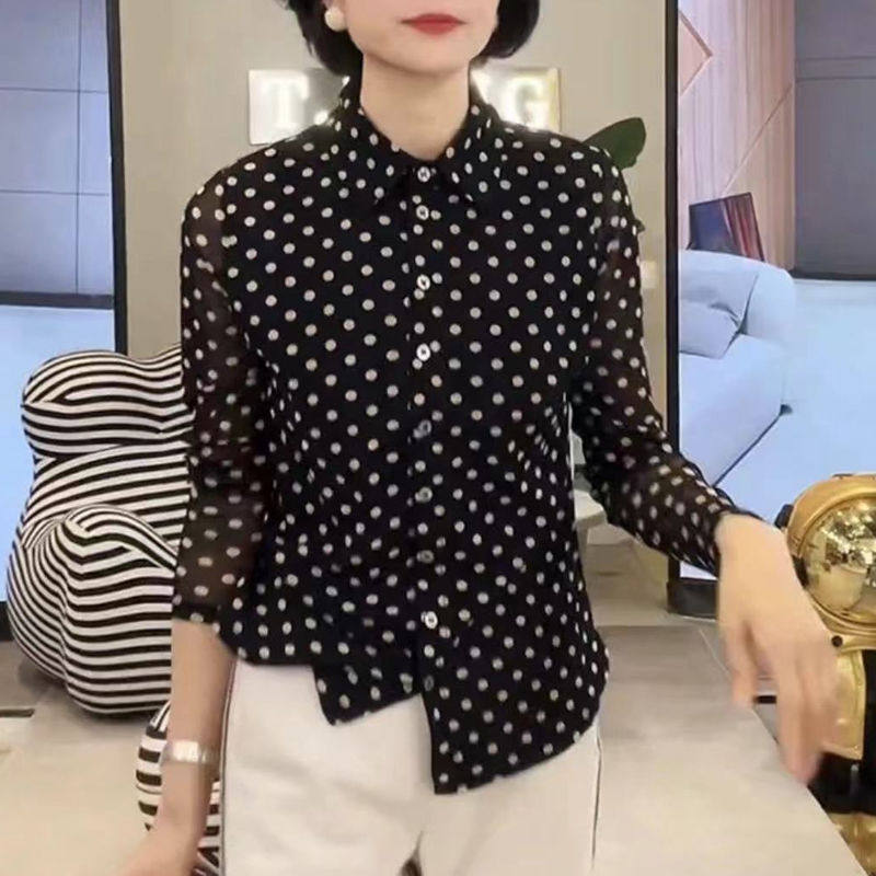 好品春季高级感网纱印花波点衬衫女时尚百搭宽松显瘦洋气外穿打底