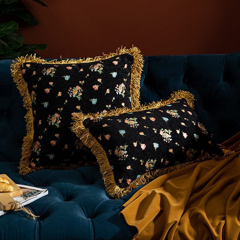 黑色方形玫瑰轻奢民族风复绸面古典流苏绣花抱枕套沙发腰靠枕靠垫