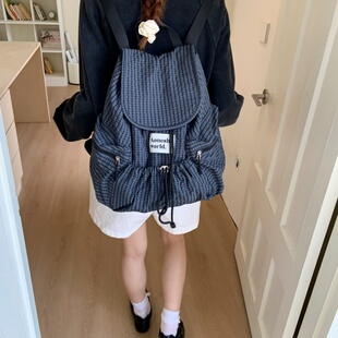 尼龙布抽带双肩包学生简约休闲夏季 女背包大容量通勤格子书包 新款