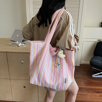 夏季双面背条纹帆布单肩包