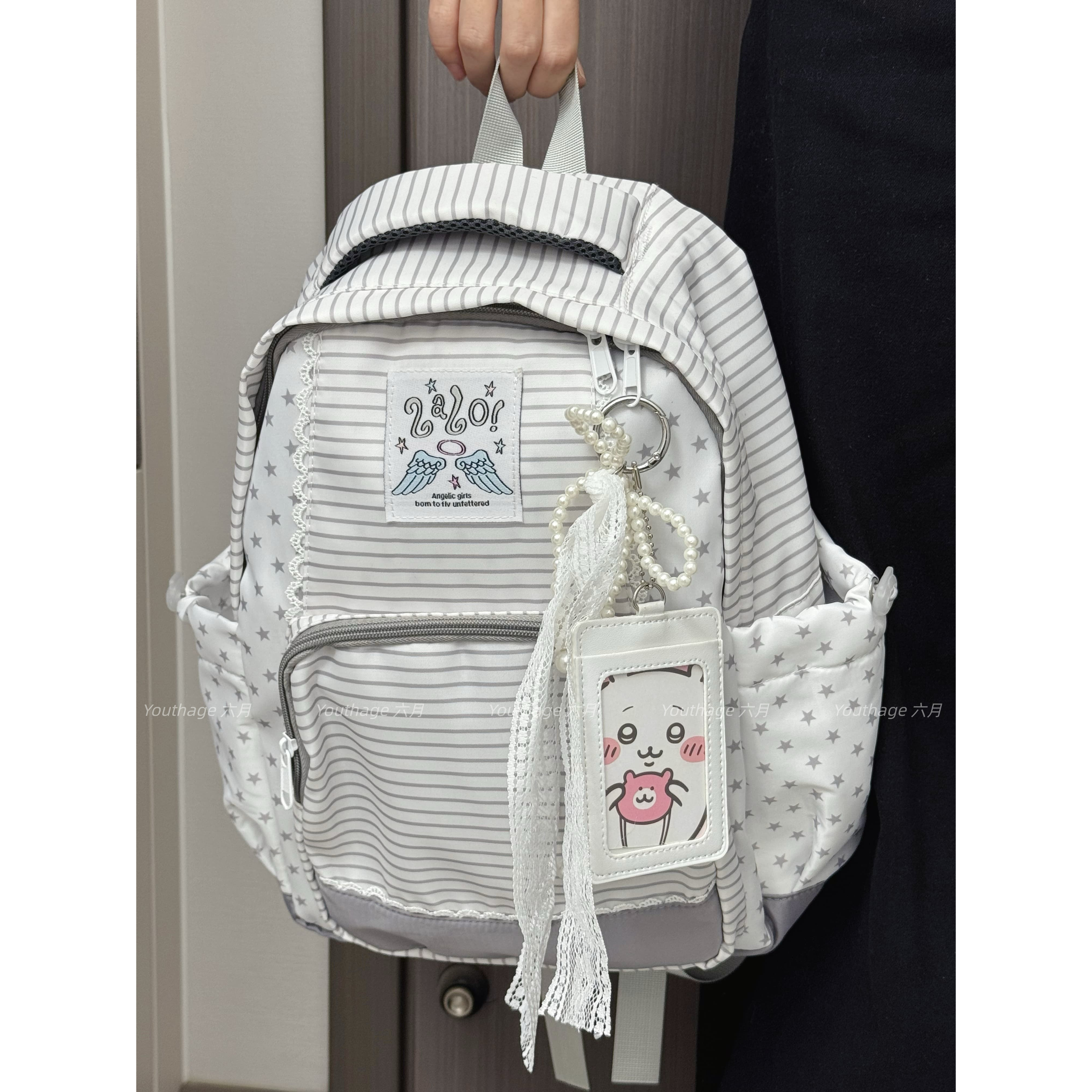 双肩包女条纹星星背包高中生学生上课书包通勤包户外休闲旅行包包