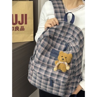 美式复古格子双肩包女初中女生书包大容量ins高中大学生百搭背包