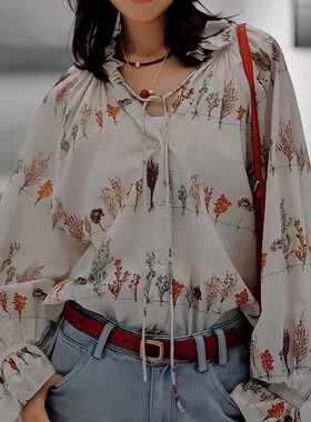 爱在七夕 秋季新款时尚百搭休闲宽松显瘦碎花衬衫1Q-1L000886