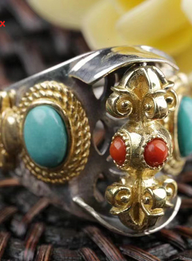 藏式藏族金刚杵纯银戒指青金南红绿松石扳指男复古蒙古马鞍戒镶嵌