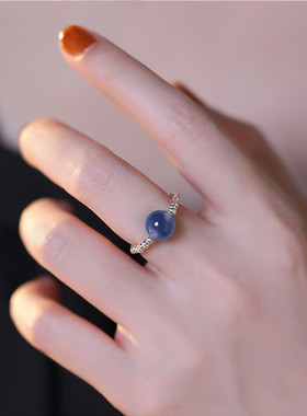 蓝色溏心玛瑙圆珠925银素圈戒指女高级感国风复古小众简约手饰品