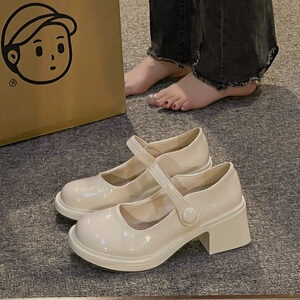 深霖粗跟白色小皮鞋女2023年夏季新款学院百搭魔术贴大头玛丽珍鞋