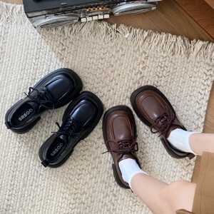 深霖厚底松糕系带小皮鞋女2023年新款秋冬英伦学院风通勤百搭单鞋