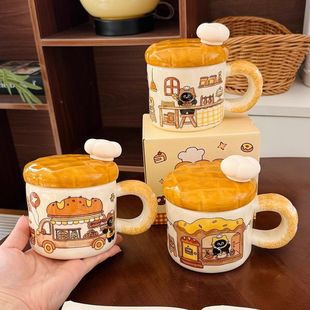 可爱面包猫咪陶瓷马克杯带盖勺高颜值水杯家用早餐牛奶杯生日礼物