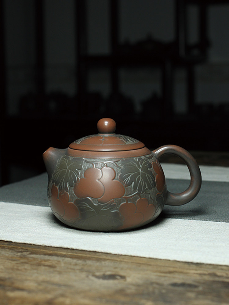 钦州坭兴陶名家葫芦西施壶纯全手工平雕工艺原矿紫泥茶具茶壶包邮