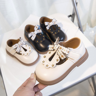 真皮女童小皮鞋刺绣公主风中小童春秋2026新款学步软底儿童豆豆鞋