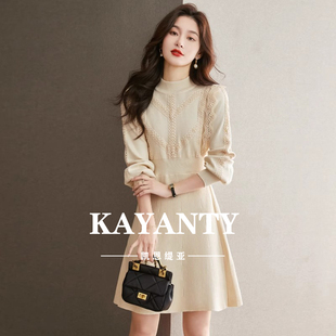 KAYANTY针织连衣裙秋冬小个子内搭打底裙收腰中长蕾丝加厚毛衣裙