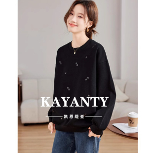 洋氣長袖 KAYANTY早秋新款 女圓領(lǐng)黑色衛(wèi)衣爆款 時(shí)尚 t恤亮片上衣春秋