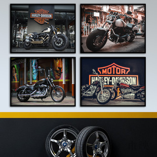 工业风复古机车酒吧哈雷摩托车装饰画修车店壁画客厅沙发墙面挂画